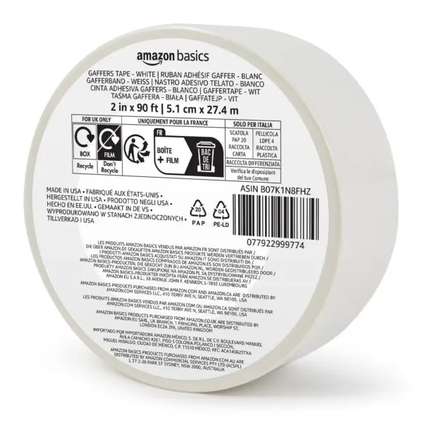 Amazon Basics No Residue, Non-Reflective Gaffers Tape - 2 inch x 90 feet, White