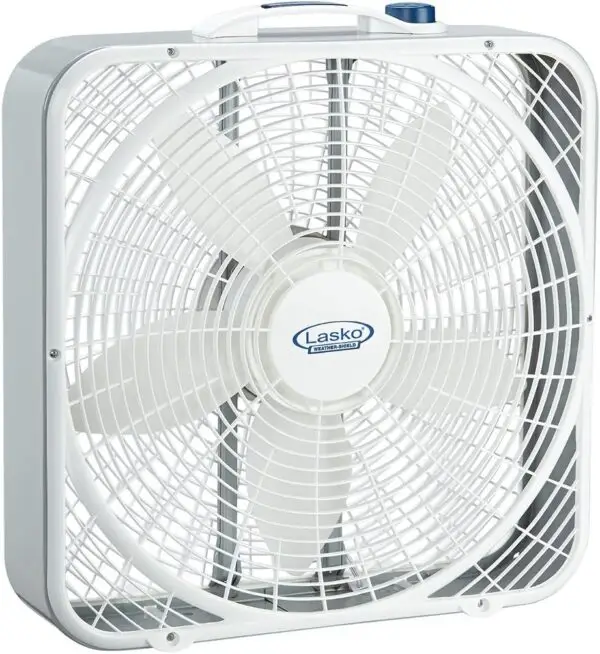 Lasko Weather-Shield Performance Box Fan, 3 Speeds, Innovative Wind Ring System for Up to 30% More Air, Carry Handle for Bedroom, Office, Home, 20 Inch, White, 3720
